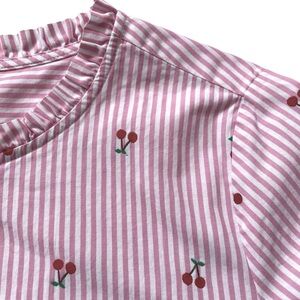 Talbots Cherry Striped Top Size L Pink Ruffle Neck Preppy Cottage Fruit Blouse
